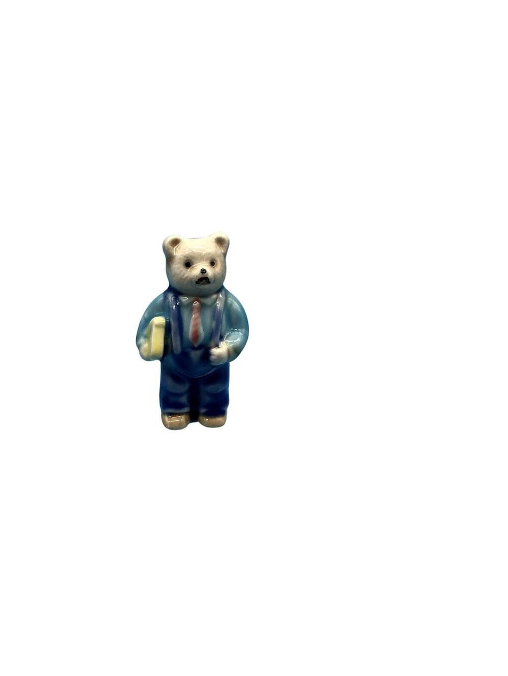 Unmarked Porcelain Bear Figurine Small Business Suit Mini Blue Yellow Decor